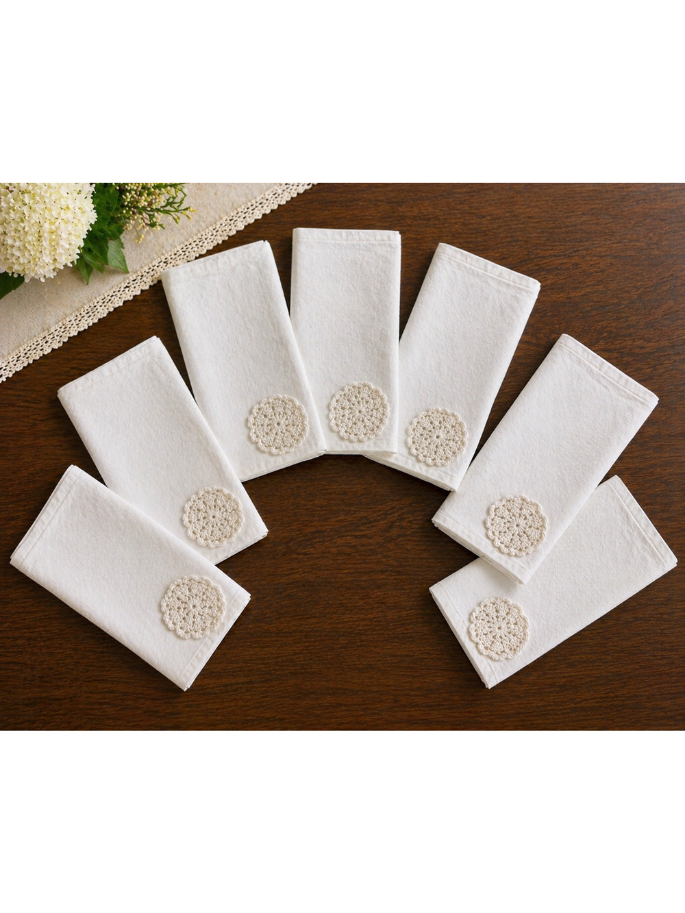 Crochet Applique White Napkins Set Cottagecore Dining Cotton Blend 7pc